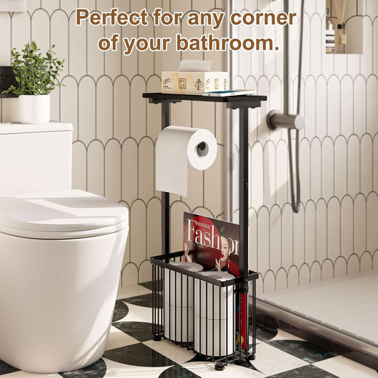 Freestanding Toilet Paper Holder with Storage Shelf | Bathroom Tissue Stand with Space for Phone, Tablet, and Magazines – All-in-One Toilet Roll Dispenser and Organizer