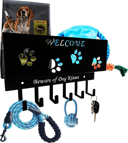Dog Leash Holder for Wall, Storage and Mail Organizer, Key Holder Wall Mount With 6 Hooks - Leash, Stuff, Key, Letter, Sunglasses Organizer for Entryway, Farmhouse