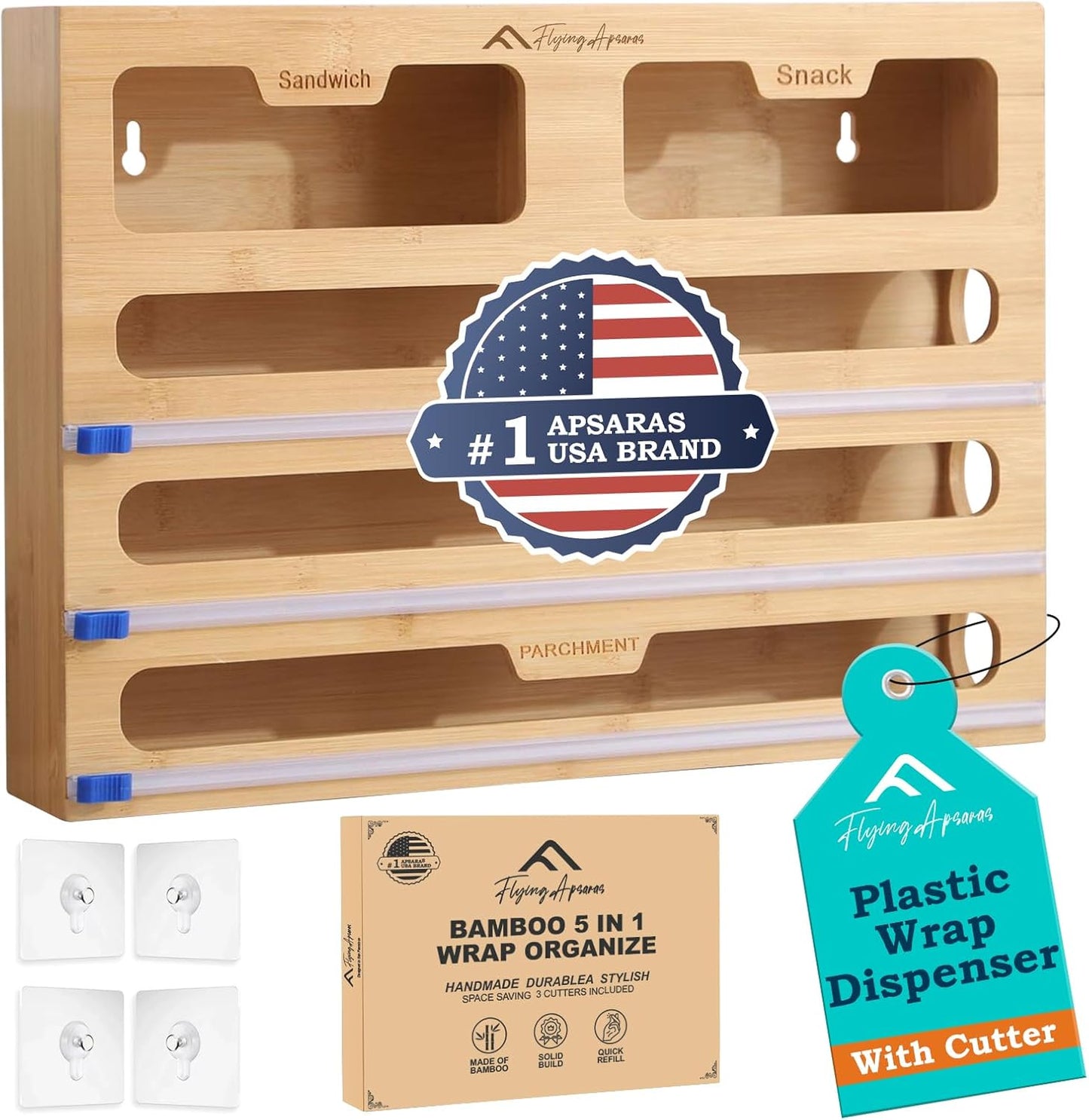 APSARAS USA Magnetic Plastic Wrap Dispenser with Cutter, 3 in 1 Aluminum Foil wrap Organizer, Practical Refillable Cling Wrap Film Cutter, Wall Mount Kitchen Wrap Dispenser, Include 2 * 12" Rolls