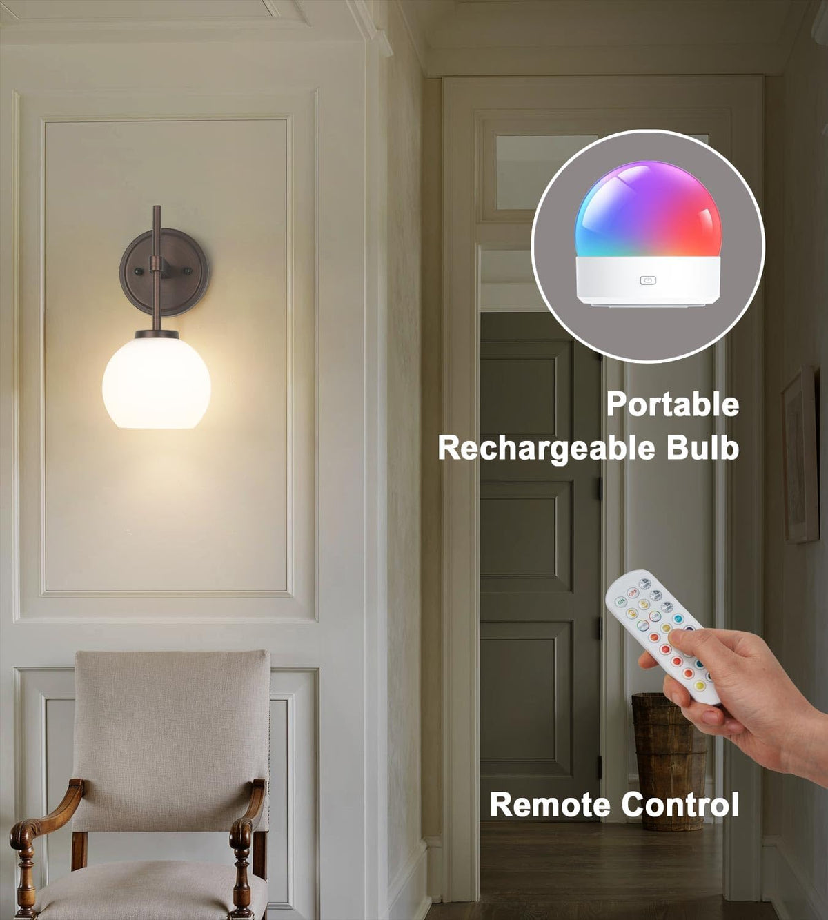 Wireless Wall Sconces with Remote Control, Battery Operated Wall Sconce Set of 2, Black & Gold Rechargeable Dimmable Wall Light for Bedroom Living room Bathroom Hallway Entryway Stairwell, 3000K