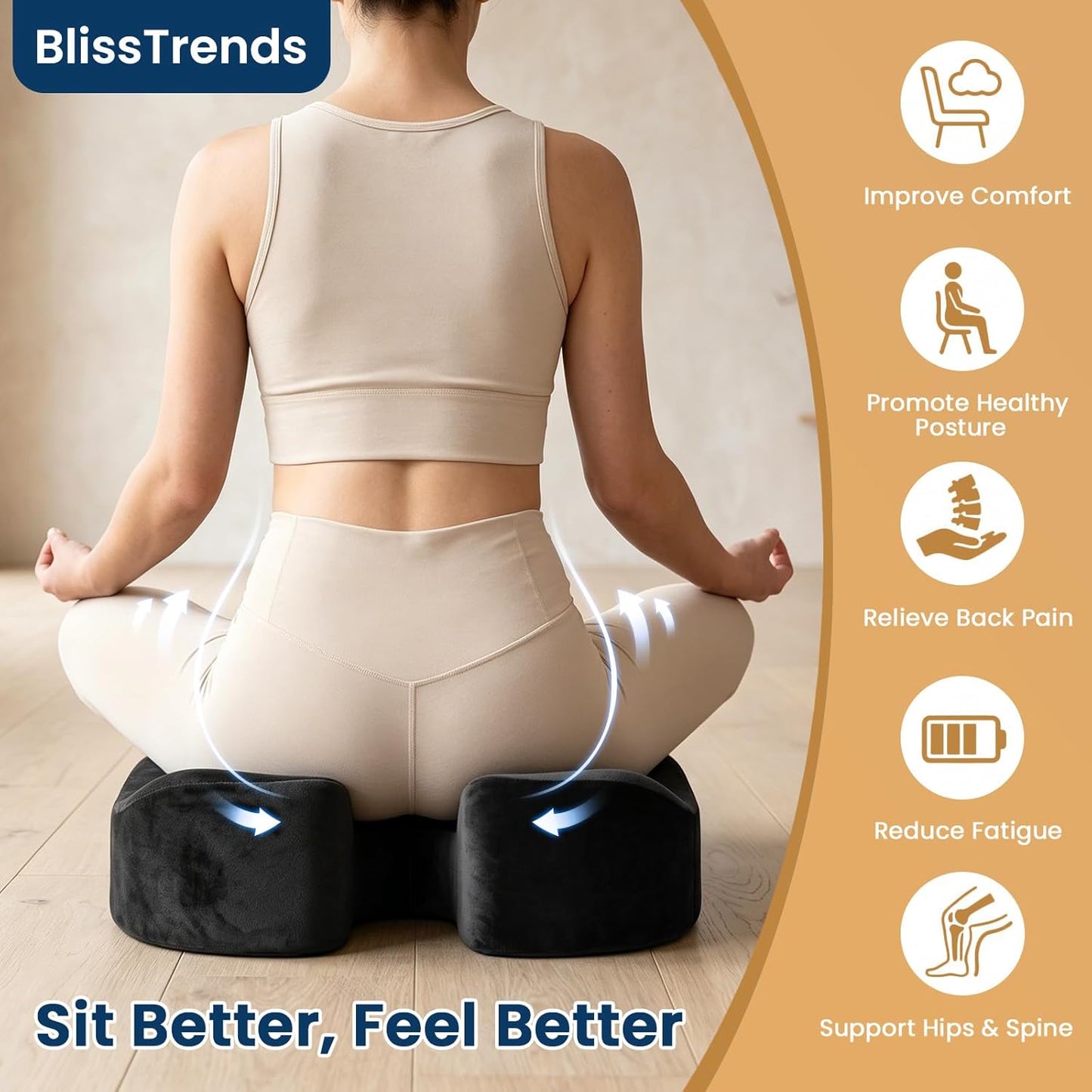BlissTrends Memory Foam Seat Cushion for Office Chair & Car Seat, Black | 4.7in Ergonomic Tailbone & Sciatica Support with Removable Velvet Cover for Pressure Relief and Long Sitting Comfort
