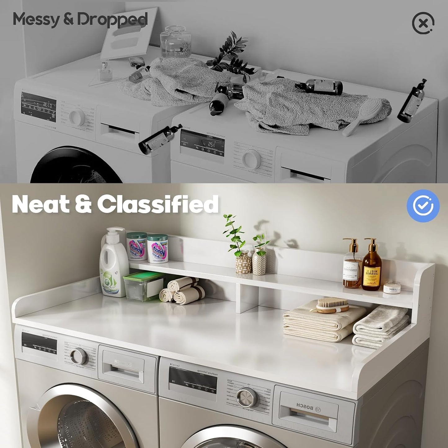 2-Tier Washer and Dryer Countertop with 2.75" H Guard,54" W x 27.5" D Laundry Countertop Cover with Non-Slip Pad,Large Space Laundry Topper for Folding Clothes Over Washer and Dryer-White