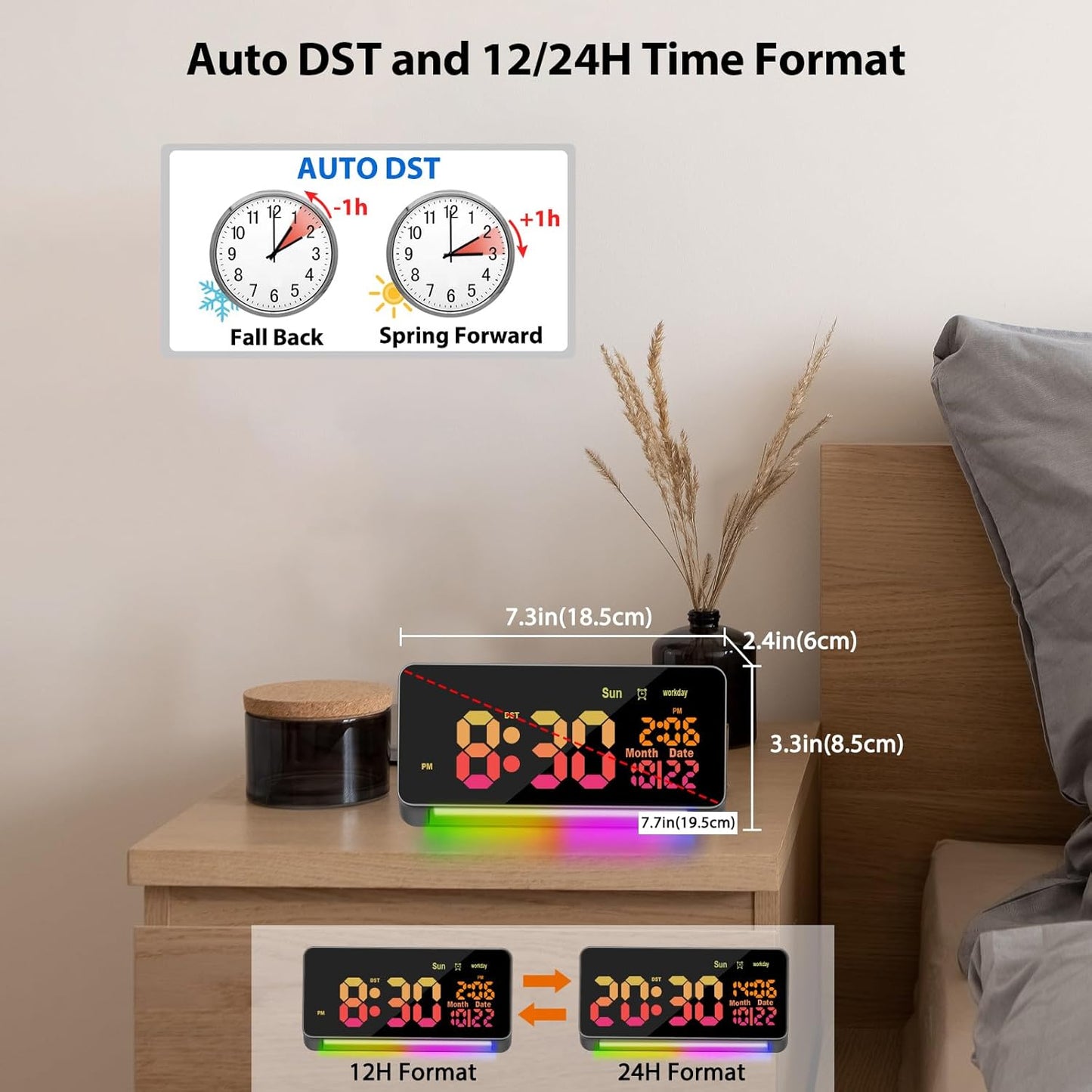 Samshow 120db Super Loud Alarm Clock for Heavy Sleepers Adults | 15 Wake Up Sounds, 7 Color Night Light, Dynamic RGB Color, Adjustable Brightness, Snooze, DST, Large LED Display