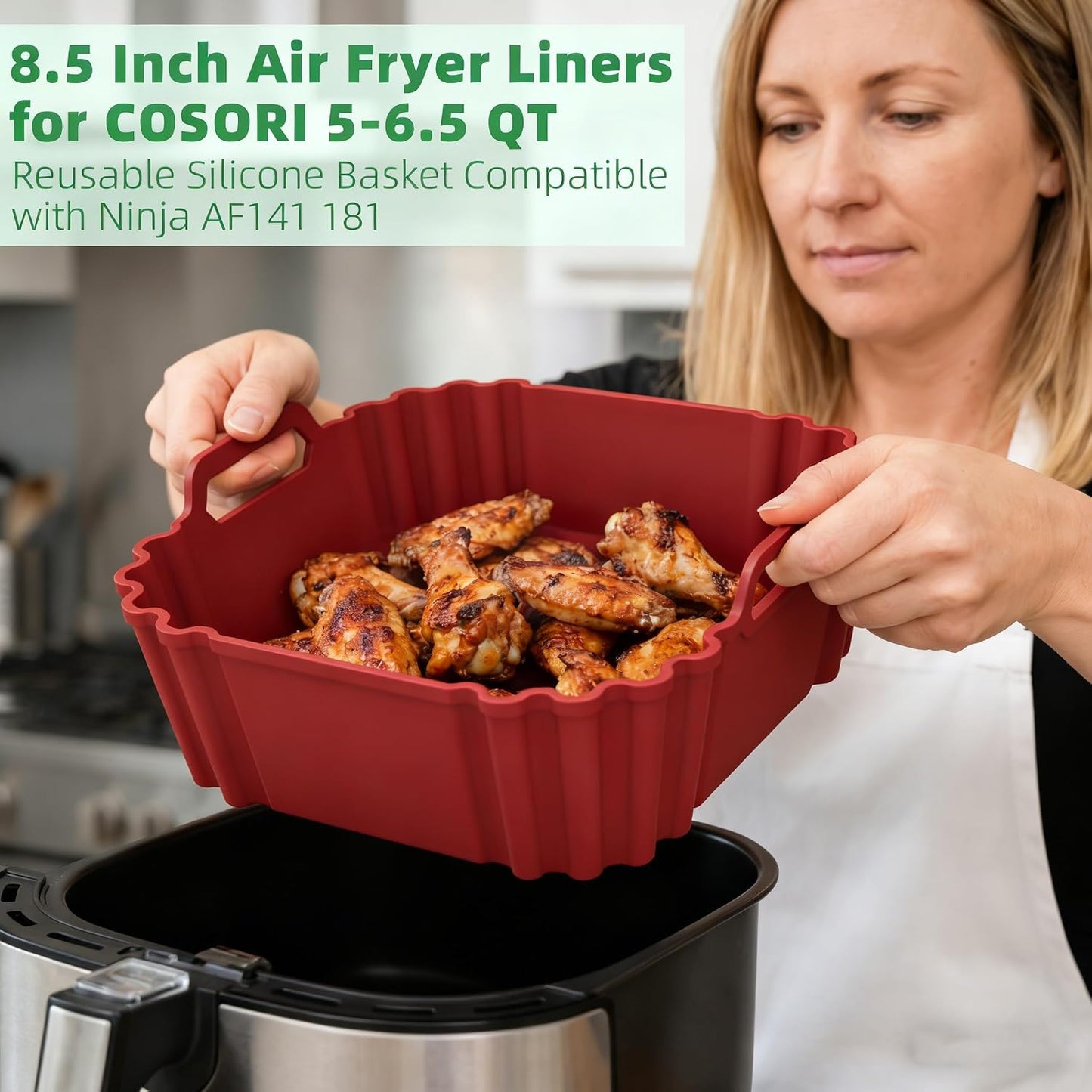 Silicone Air Fryer Liners 2 Pack, Reusable Silicone Air fryer basket liners for Ninja AF141 181, 8.5 Inch Air Fryer Liners for COSORI 5-6.5 QT,Large Air Fryer Accessories