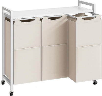 HOOBRO Laundry Sorter 3 Section, Laundry Hamper with Wheels, 3 × 11.5 Gal (43.4L), Rolling Laundry Basket, Pull-Out and Removable Oxford Fabric Laundry Bags, Rustic Brown and Grey BFG76XY01