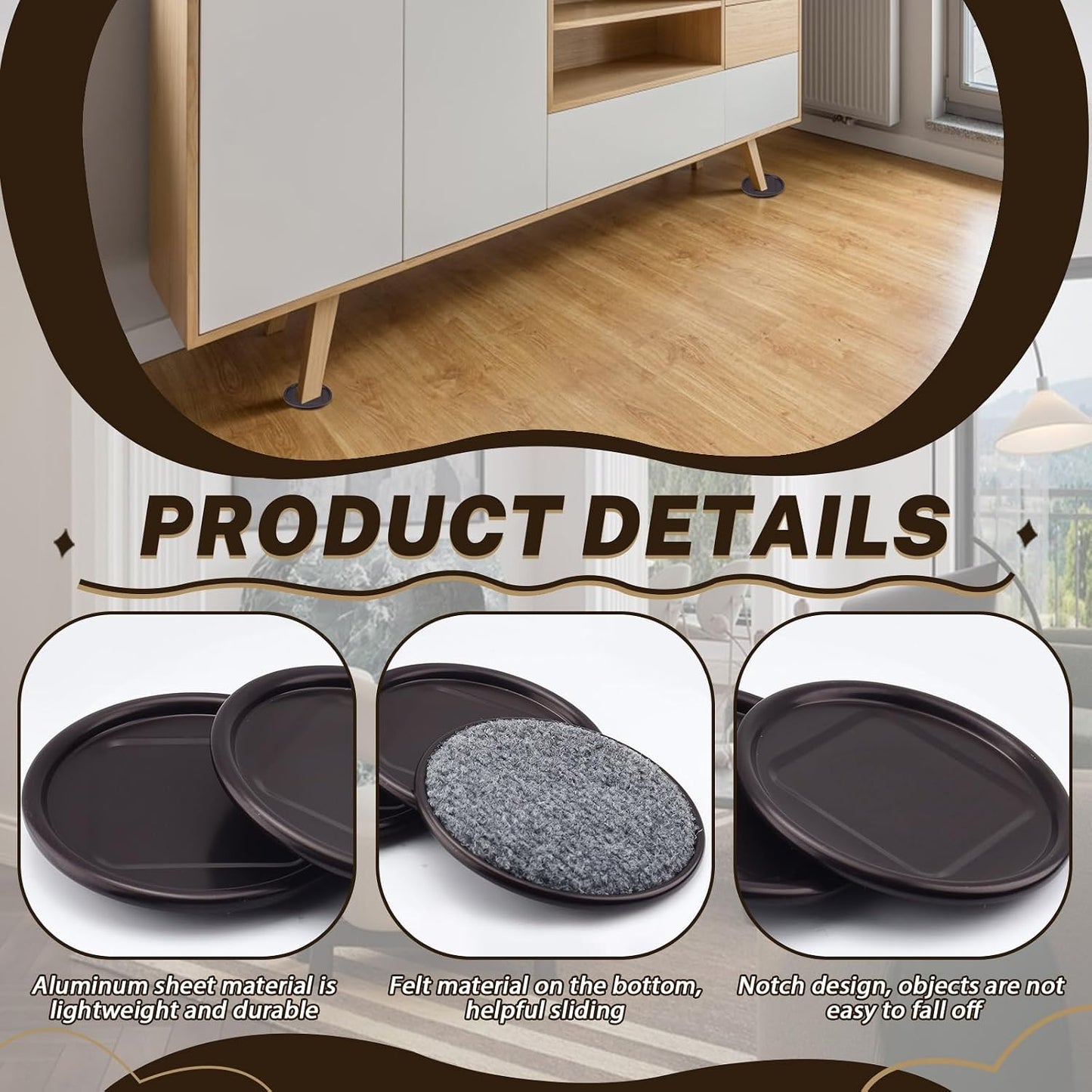 ASTIMESA 8 Pieces 3" Square Furniture Sliders, Heavy Duty Furniture Pads Cups with Carpet Base, Reusable Floor Protectors for Hardwood Vinyl Tile Couch Table Chair Bottom (Brown) (78mm, Square)