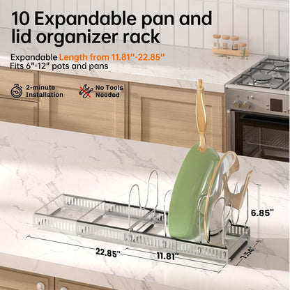 MUDEELA Expandable Pot Pan Lid Organizers inside Cabinet, 10 Divider-Black | Expandable 11.8–22.9", 10 Adjustable Divider, Tool-Free Assembly, Non-Slip, Scratch-Proof, For Pan Lid Cutting Board Bakeware