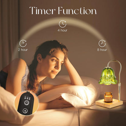 Candeldo Candle Warmer Lamp with Timer, Gold Flower Glass Shade | Height Adjustable, Dimmable, Fits 3-Wick Candles and Wax Melts, Ideal for Bedroom Decor, Birthday Gifts for Women