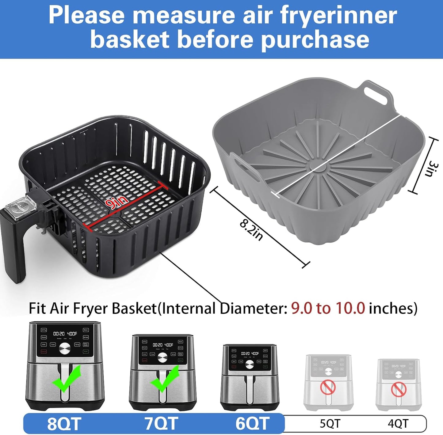 Silicone Air Fryer Liners 10QT, Reusable Airfryer Basket Liners Rectangular for Ninja DZ550/DZ401, 2Pcs 5QT Large Air Fryer Accessories,Replacement Basket Insert with Magnetic Cheat Sheet (2 Pcs Grey)