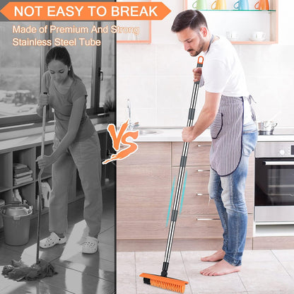 2 in 1 Floor Brush Scrubber with Long Handle Grout Brush 3 Poles 53.5'' New Upgrade Stiff Bristle Cleaning Scrub Brush with Squeegee 120°Rotating Tile Brush for Cleaning Bathroom Glass Patio Kitchen