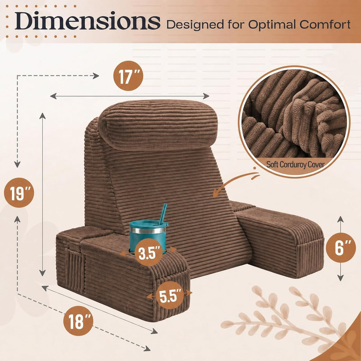 Reading Pillow/Backrest Pillow with Arms, Cup Holder & Phone Pocket