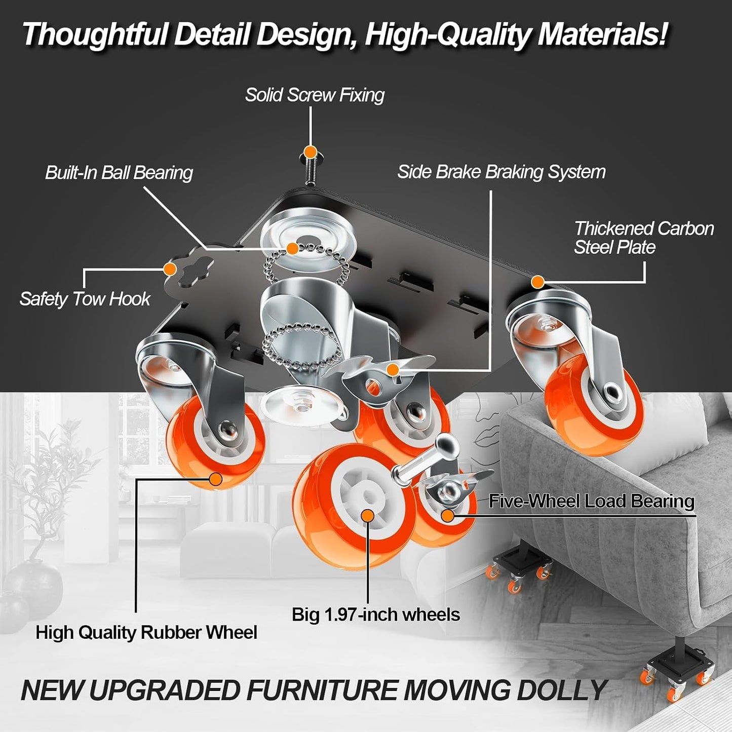 MYUEA Furniture Dolly 5 Wheels Heavy Duty with Removable Side Guards,3307 Lbs Capacity,360° Rotating Wheels & Side Brake,Furniture Movers Lifter Tool with Wheels for Appliances,Sofas,Beds,Pianos