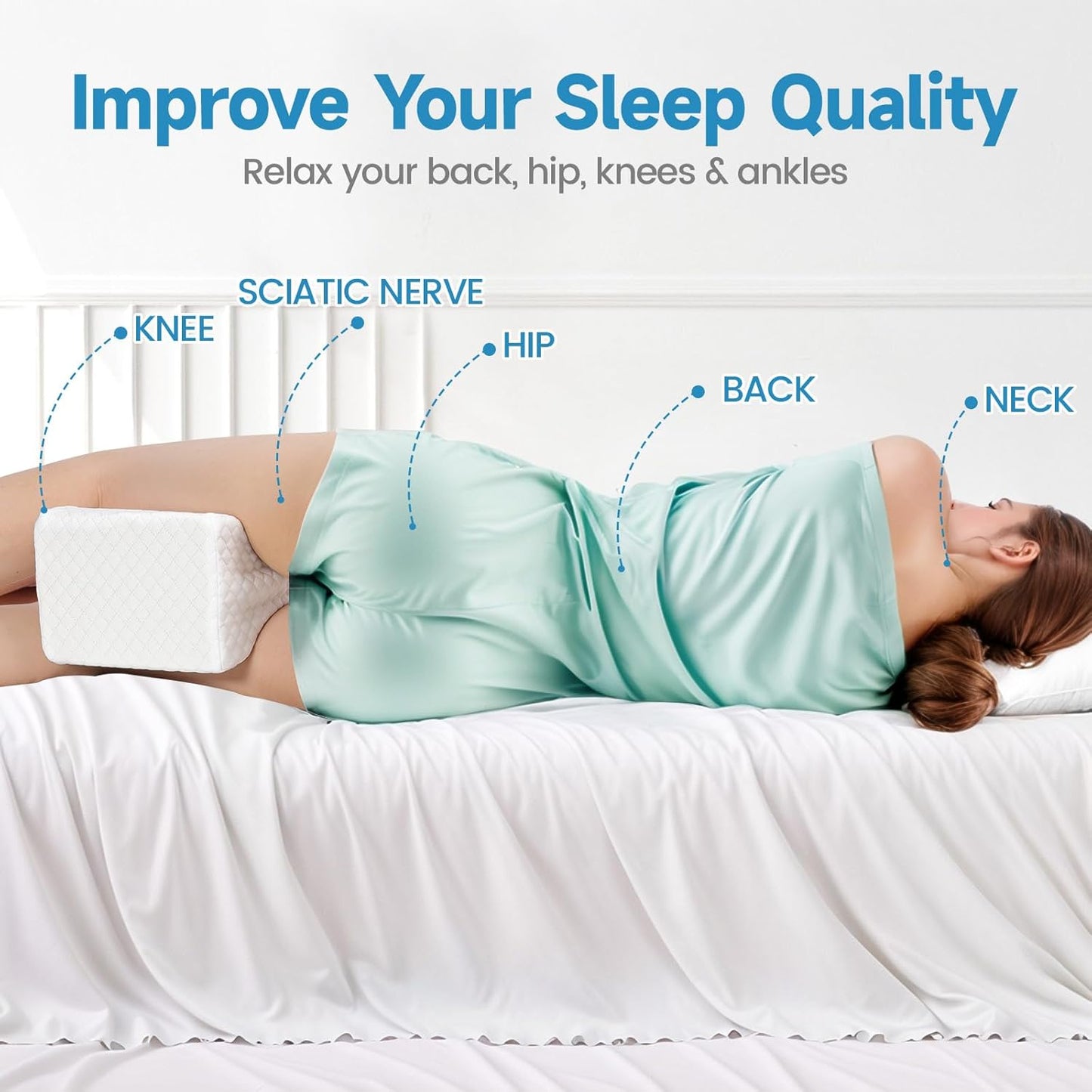 SweetSlubr Memory Foam Knee Pillow for Side Sleepers, Leg Pillow, White | Support Leg Pillows for Side Sleeping Soothing Relief, Smooth Spine Alignment Pillow for Hip, Sciatica, Knee, Joints Pain