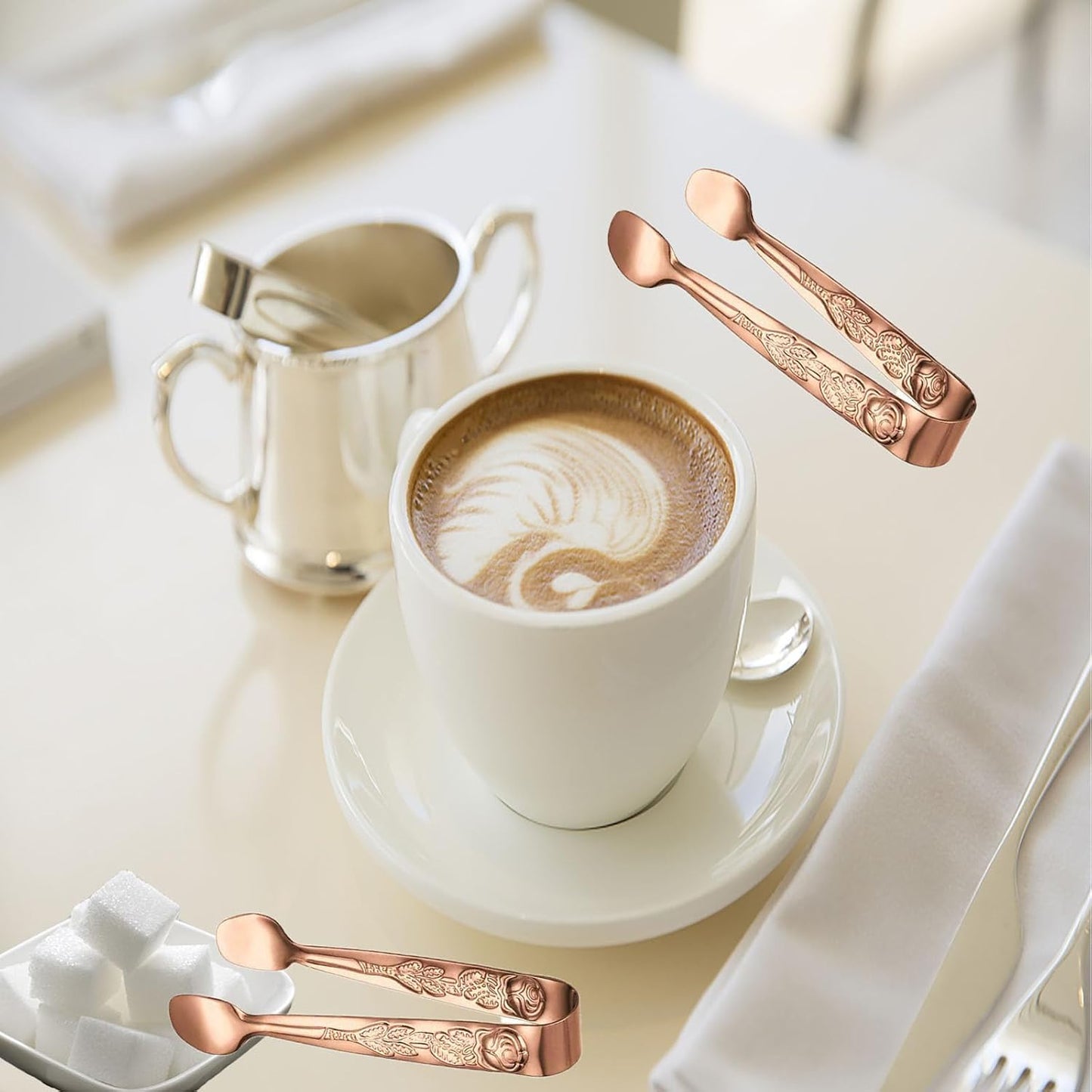 3PCS Mini Serving Tongs, 4Inch Rose Stainless Steel Sugar Cube Tongs, Sliver Small Ice Tong for Tea and Coffee Party, Appetizers, Desserts by Sunenlyst (Silver)