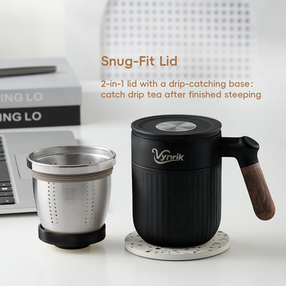 Tea Infuser Cup Doubles As Insulated Coffee Mug, Tea Cup With Lid And Handles, Removable Stainless Steel Tea Strainers For Loose Tea (Black)