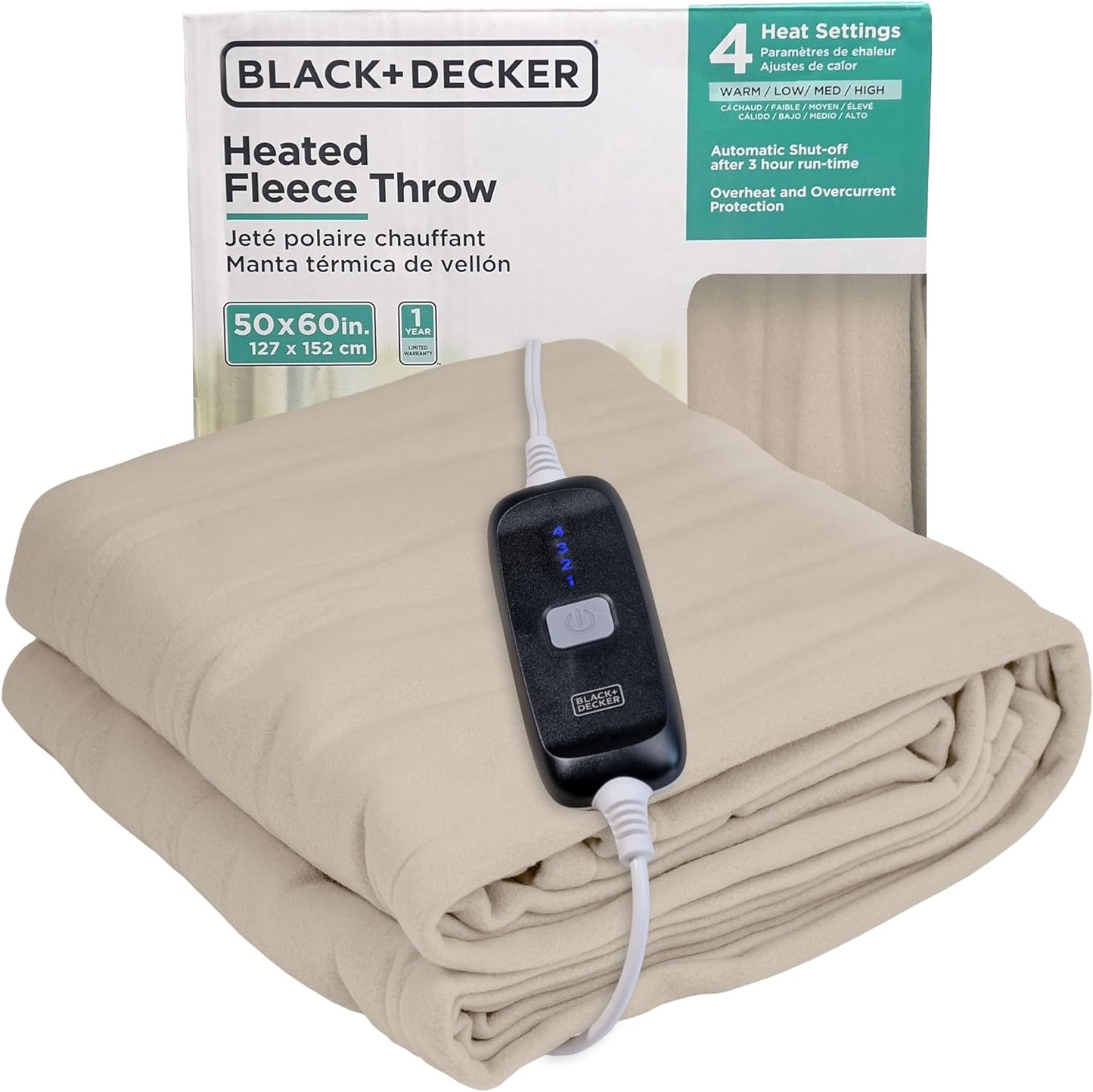 Black+Decker Heated Blanket Electric Throw, Fleece Electric Blanket, Heating Blanket with 4 Heating Levels, 3H Timer, Auto Shutoff, Fast Heating (50x60 inches, Grey)