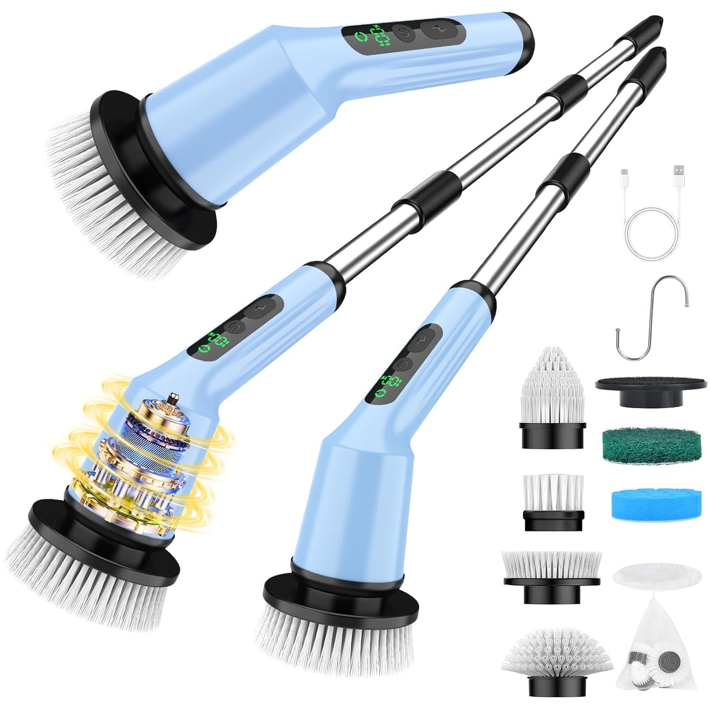 Electric Spin Scrubber for Bathroom, Shower Scrubber with Long Handle | Shower Cleaner Brushes, IPX7 Waterproof & 2 Speed, 3 Brush Heads, 90min Runtime, Bathroom Cleaning Supplies for Toilet Tub