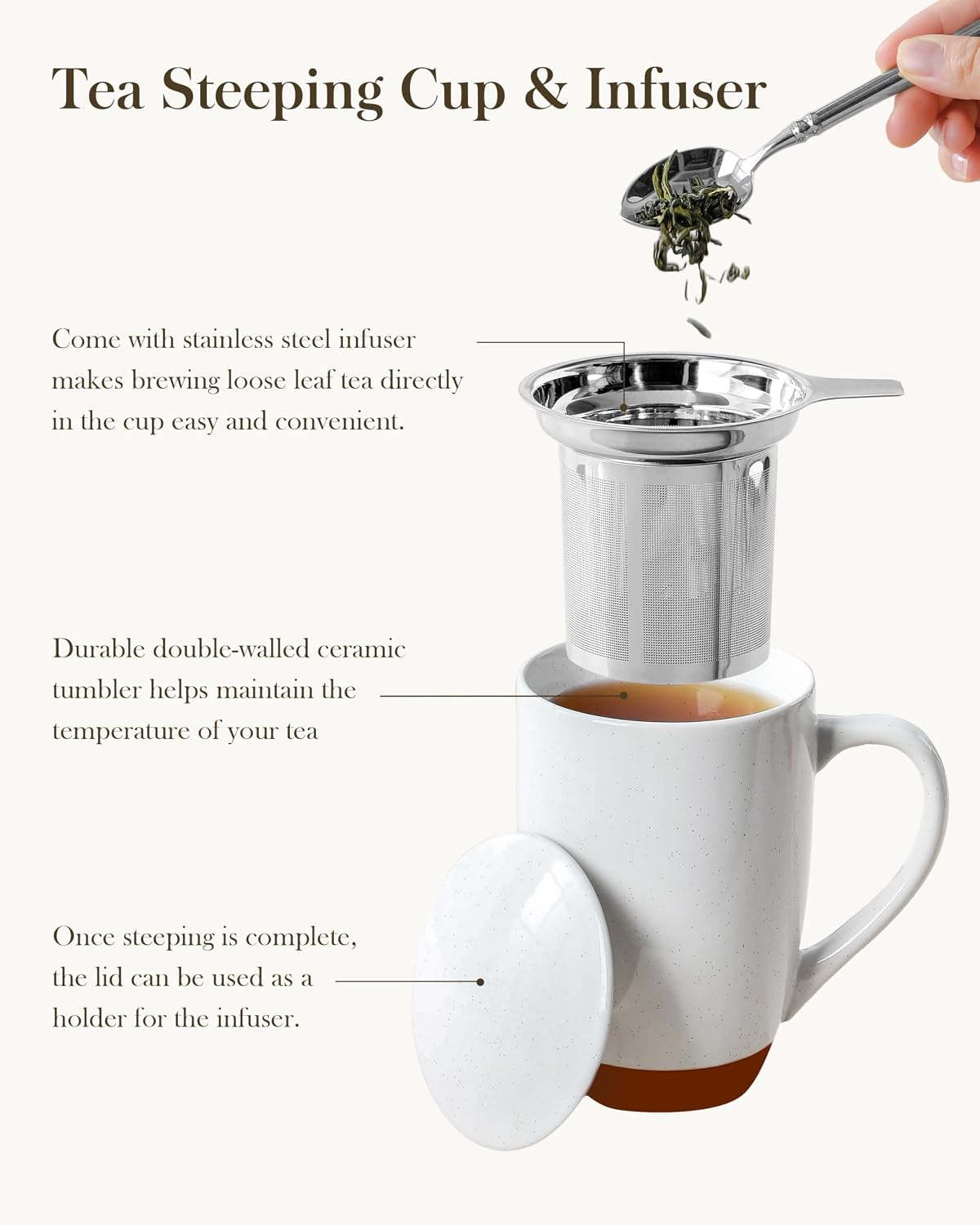 MALACASA Ceramic Tea Mug with Lid and Stainless Steel Infuser, 18 oz Large Tea Cup for Loose Leaf Tea, Heat-Resistant, Microwave & Dishwasher Safe, Speckled Glaze Coffee & Tea Brewer Mug, Khaki Brown
