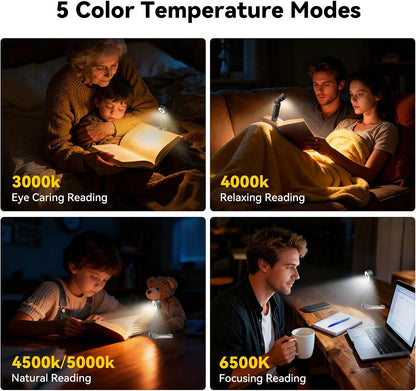 TechRise Book Light, Clip-on Reading Light for Books in Bed, Rechargeable Reading lamp, Eye-Caring with Timer, 5 Color Temps & 6 Brightness, 80+ Hrs, Perfect for Kids, Book Lovers, Black