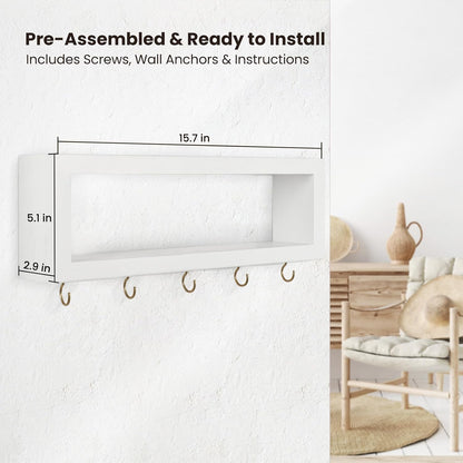 Lwenki Wall Shelf with Hooks - Decorative Key and Wallet Holder for Wall Holds Sunglasses, Leashes, Scarves and Lanyards - 15.7" x 5.1" x 2.9" Entryway Organizer Made of Paulownia Wood (White)