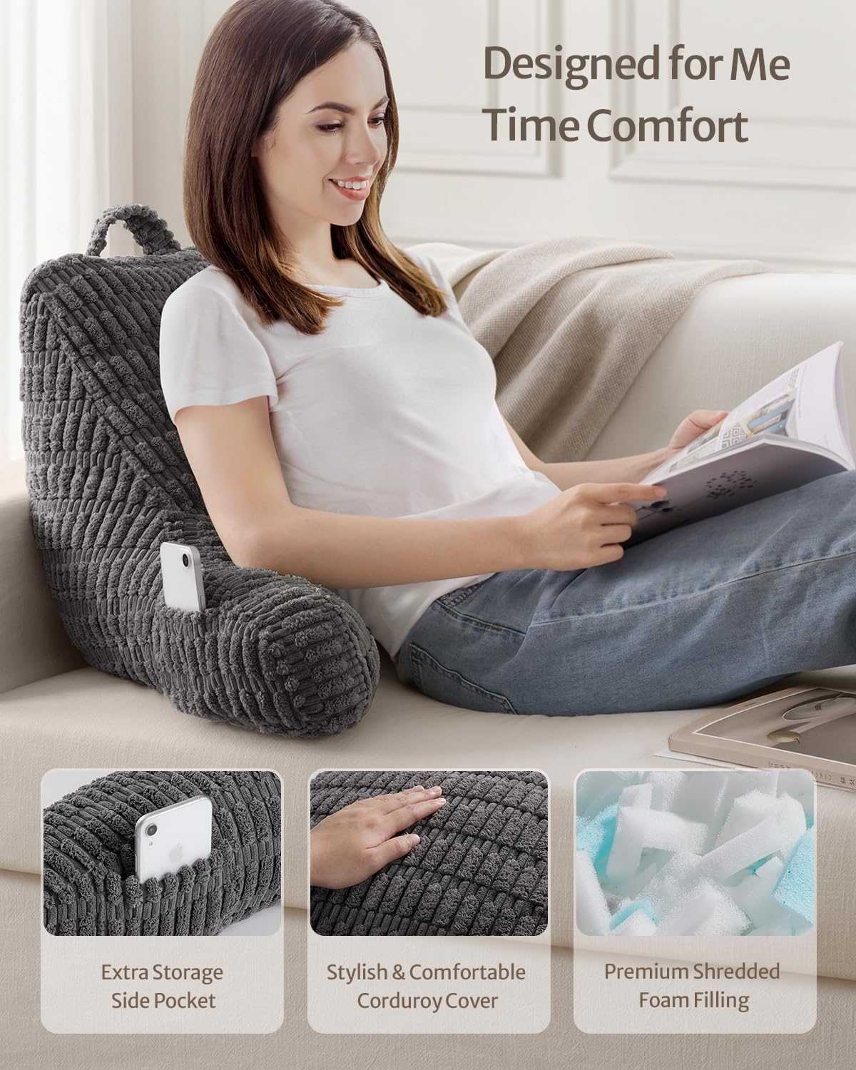 Blissful Diary Reading Pillow, Backrest Pillow with Shredded Memory Foam for Adult & Children, Designed for Bed and Couch Sitting Up, Includes Arms, Pockets and Washable Cover, Off White