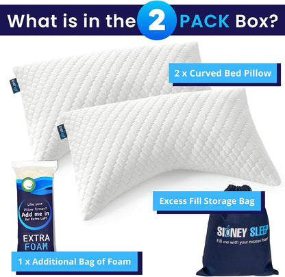 Sidney Sleep Adjustable Curved Pillows for Neck and Shoulder Support with Extra Shredded Fill - Cervical Contour Pillow for Side and Back Sleepers - Queen Size 19" x 29" CertiPUR-US Certified (White)