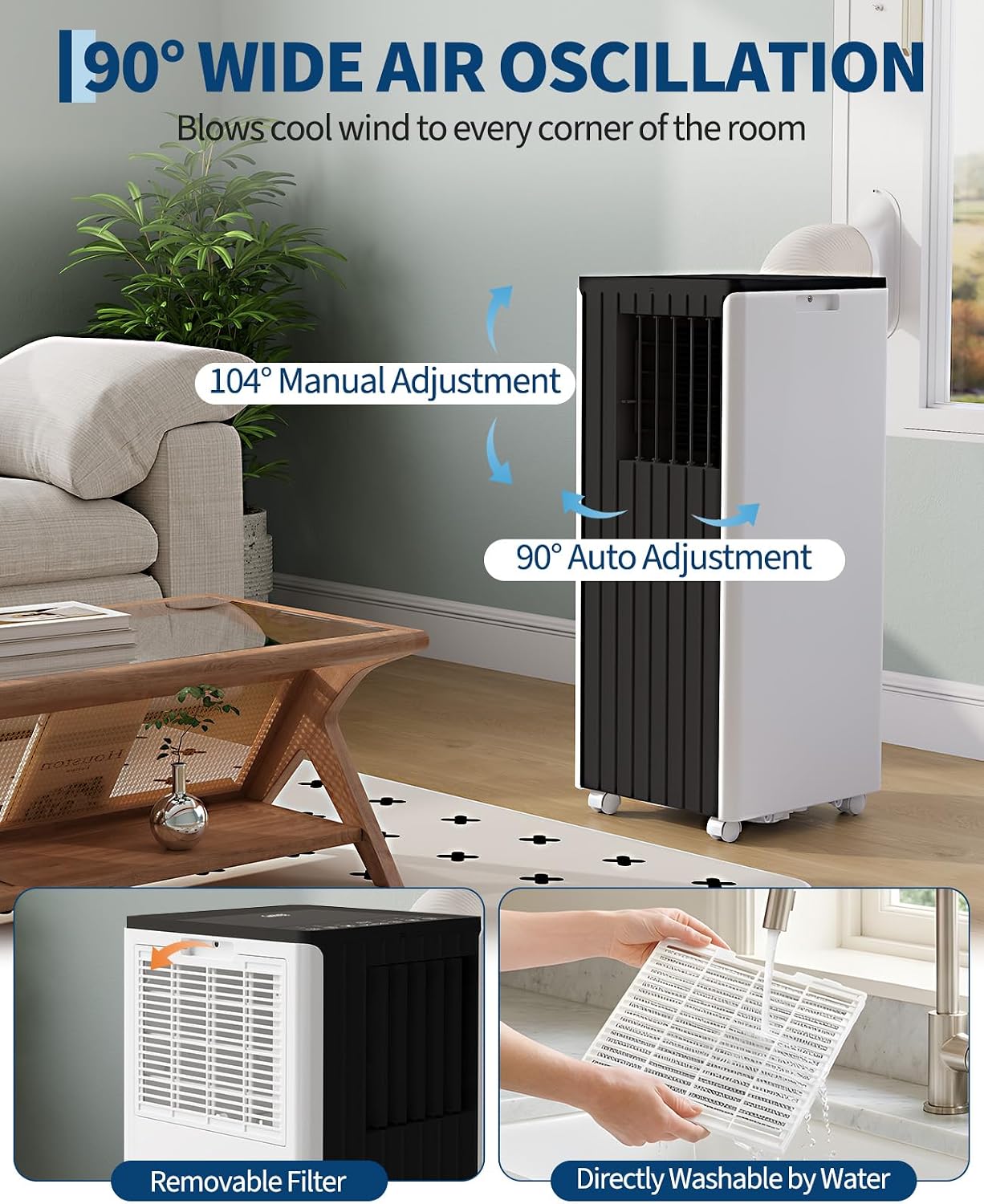 10000 BTU Portable Air Conditioner, 3 In1 Cooling Dehumidifier Fan, Quiet Fast Cooling, 4 Way Swing, LED Display, Remote, 24H Timer, 360° Wheels, Window Kit, Cools Rooms Up to 450 Sq.ft
