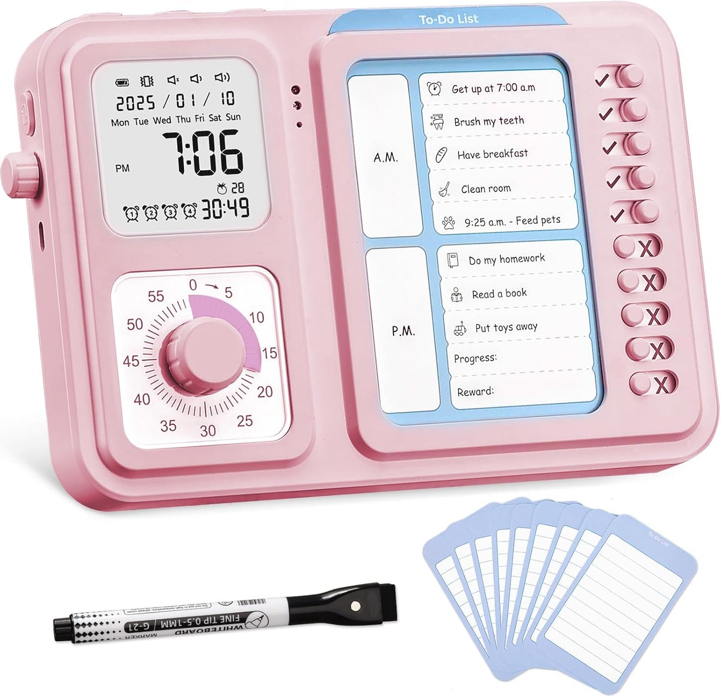3-in-1 Visual Timer & ADHD Tool for Kids|Adults | Task Timer with Chore Chart Board, Visual Schedule for Kids Autism, Daily Checklist for Home, School, Classroom, Desk (White)