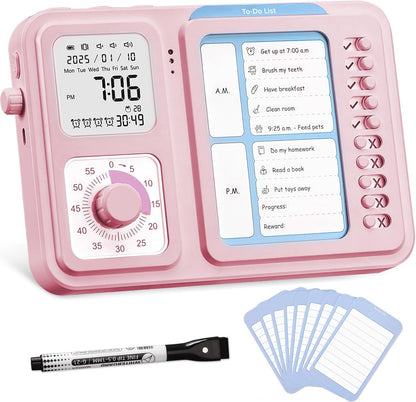 3-in-1 Visual Timer & ADHD Tool for Kids|Adults | Task Timer with Chore Chart Board, Visual Schedule for Kids Autism, Daily Checklist for Home, School, Classroom, Desk (White)