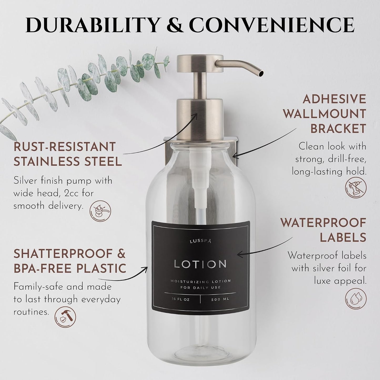 Shower Shampoo Dispenser Wall Mounted – 3 Refillable 16.9 oz Clear Bottles with Stainless Steel Pumps & No-Drill Adhesive Holders – Soap Dispenser Set for Bathroom (3 X Clear/Silver)