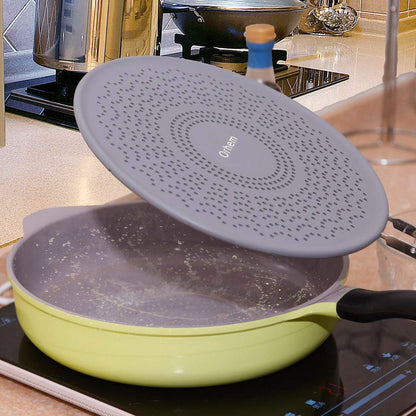 Silicone Grease Splatter Screen Pan Cover with Folding Handle, Heat Resistant Cooling Mat, Strainer, Drain Board, Oil Splash Guard for Frying Pan Cooking, 11.4 Inch