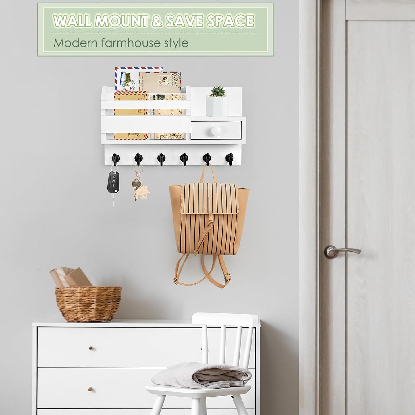 VIS'V Key Holder Wall Mount, Wooden Mail and Key Organizer, White | Contains Little Drawer, Small Shelf, 2 Slots, 6 Hooks, for Entryway, Hallway, Doorway, Kitchen, Garage, RV