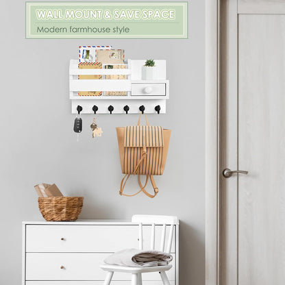 VIS'V Key Holder Wall Mount, Wooden Mail and Key Organizer, White | Contains Little Drawer, Small Shelf, 2 Slots, 6 Hooks, for Entryway, Hallway, Doorway, Kitchen, Garage, RV