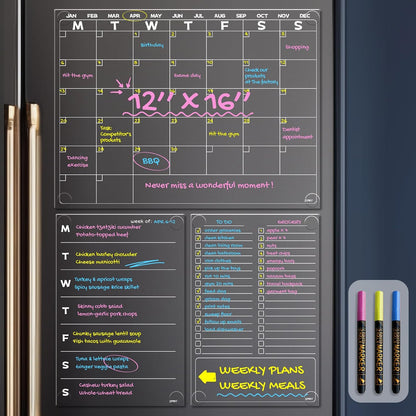 JJPRO Non-Magnetic Dry Erase Monthly Calendar, Clear Weekly Meal Board for Fridge -Starts Sunday,12"x16" Reusable Weekly Planner Stick to Fridge,Wall, All Smooth Surfaces