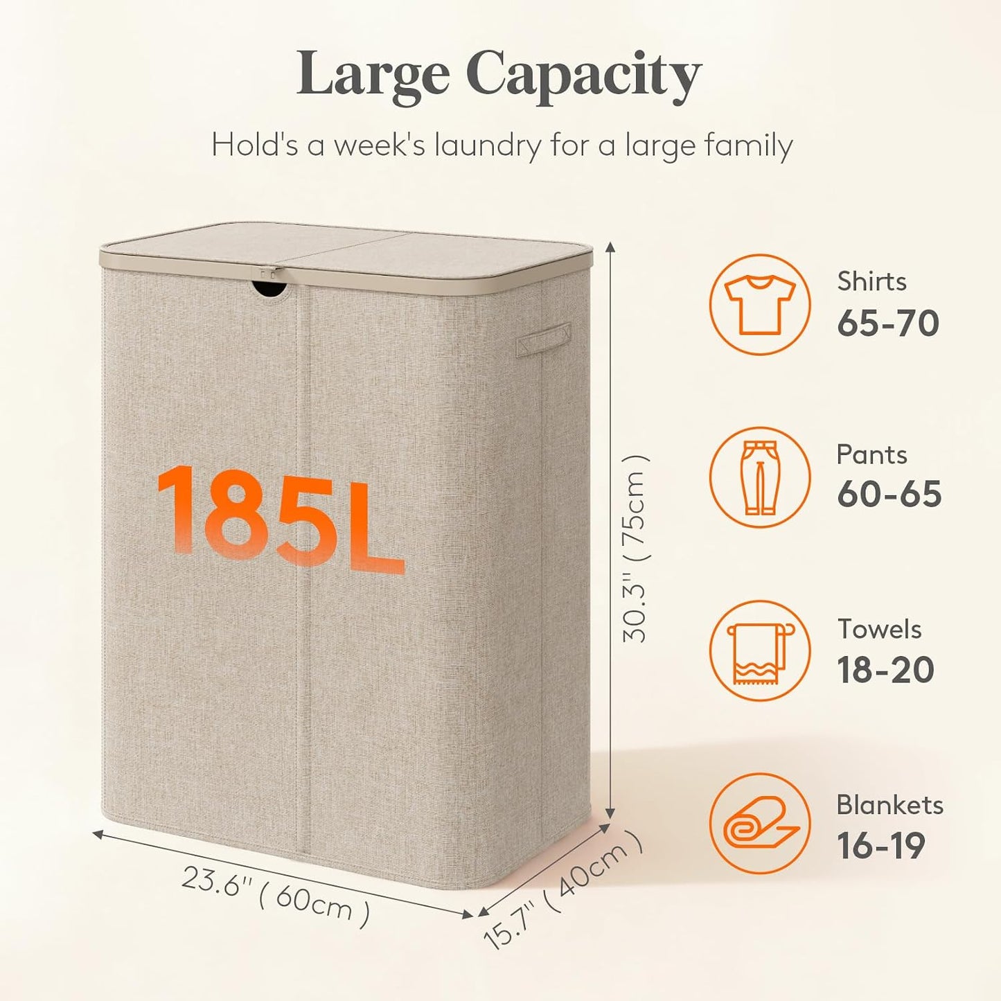 Lifewit 185L 3 Section Laundry Hamper with Lid, Laundry Basket, Beige | Large Foldable Laundry Sorter with 3 Removable Bags, Tall Clothes Hamper for Bedroom and Bathroom