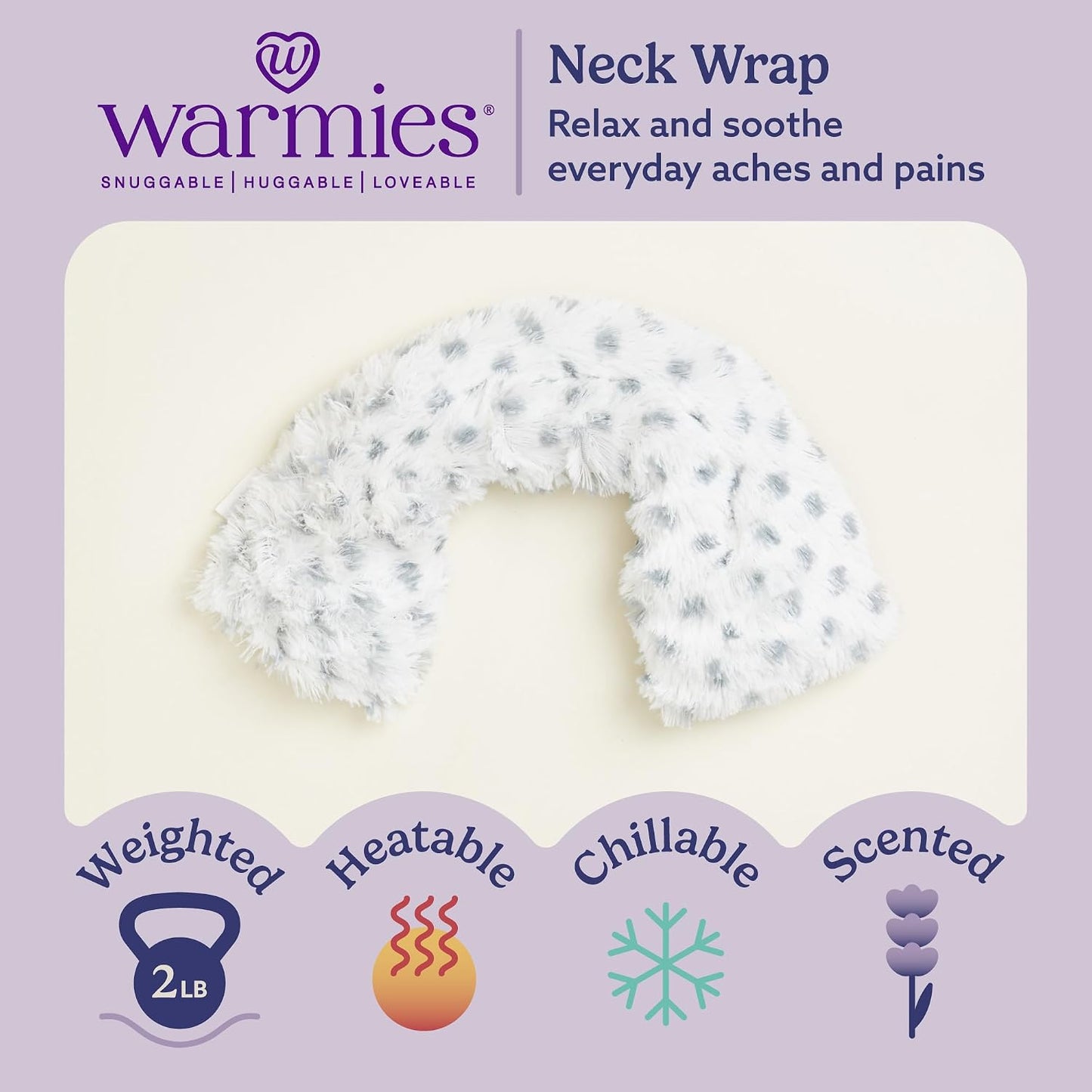 warmies Microwavable Shoulder Heating Pad, Neck Warmer & Heat Pack, Snowy | Steady Pressure, Cooling Relief, Scented with Calming French Lavender, Microwave 30 sec, Freeze 2-3 hrs, Soft Faux Fur