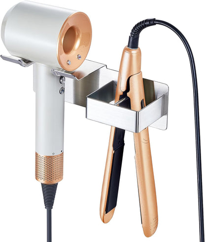 Hair Dryer Holder Wall Mounted, Hair Straightener Holder Metal, Adhesive Blow Dryer and Hair Straightener Holder, Bathroom Bedroom Hair Tool Organizer for Flat Iron,Curling Iron,Hairdryer (White)