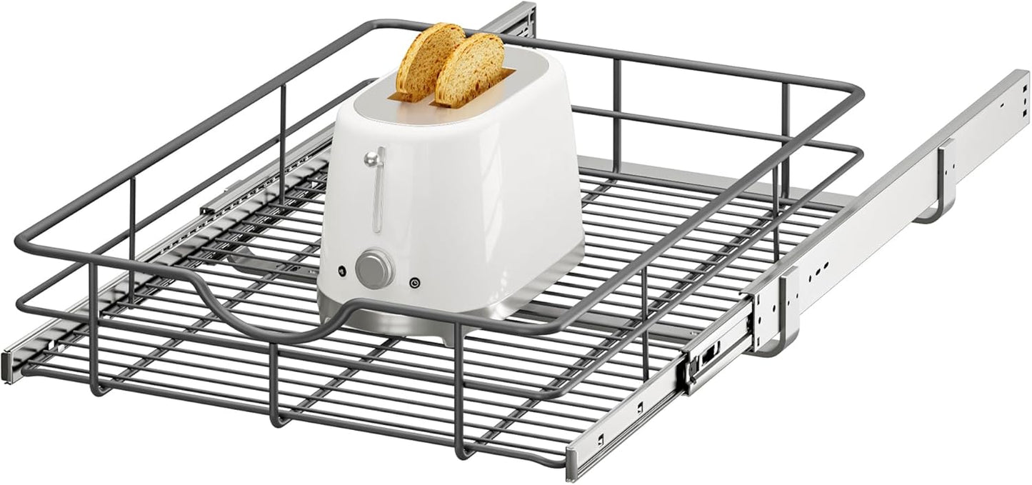 2 Tier Pull Out Cabinet Organizer - 20" W x 22" D Soft Close Slide Out Shelves with Shelf Liners - Pullout Drawers for Kitchen Cabinets, Pantry, Bathroom, Heavy Duty Steel Wire Baskets
