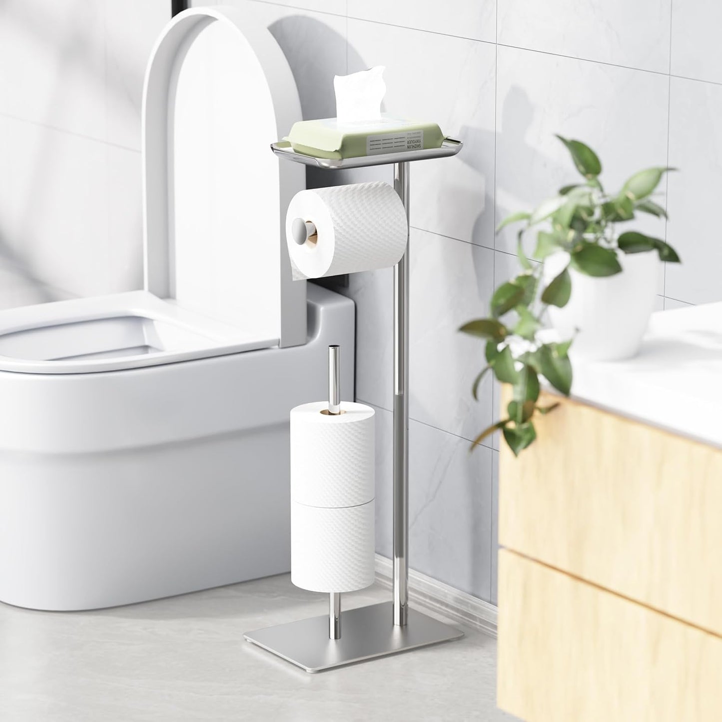 Toilet Paper Holder Stand with Top Storage Shelf | Free Standing Toilet Roll Dispenser for Bathroom, Holds 4 Reserve Rolls, Silver