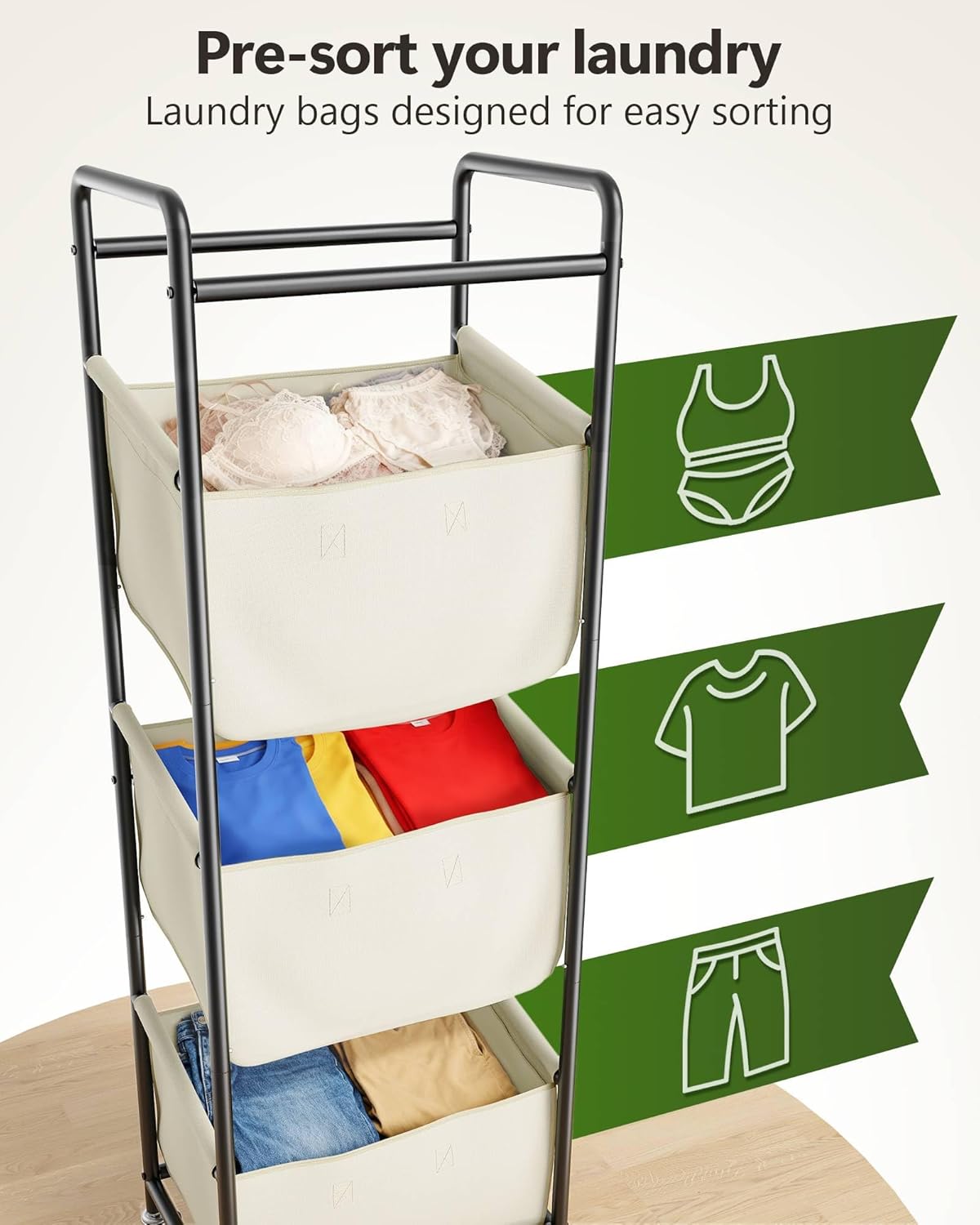 3 Section Laundry Sorter with Removable Bags, 120L Rolling Vertical Laundry Hamper, Stackable Laundry Baskets organizer for Bathroom, Apartment, Dorm (Beige, With Wheel)