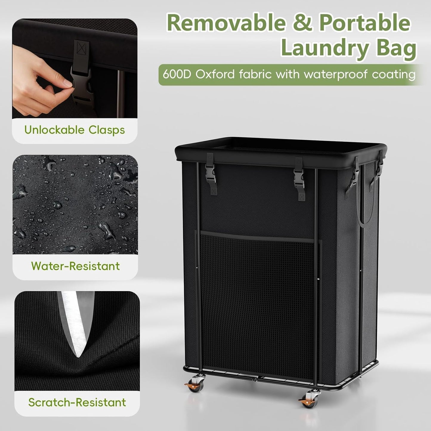 Laundry Hamper with Wheels, 150L Rolling Laundry Basket with Bag & Handles | Sturdy Metal Frame | Removable Bag | Large & Tall Dirty Clothes Hampers for Laundry Room, Bedroom, Dorm, Bathroom-Black