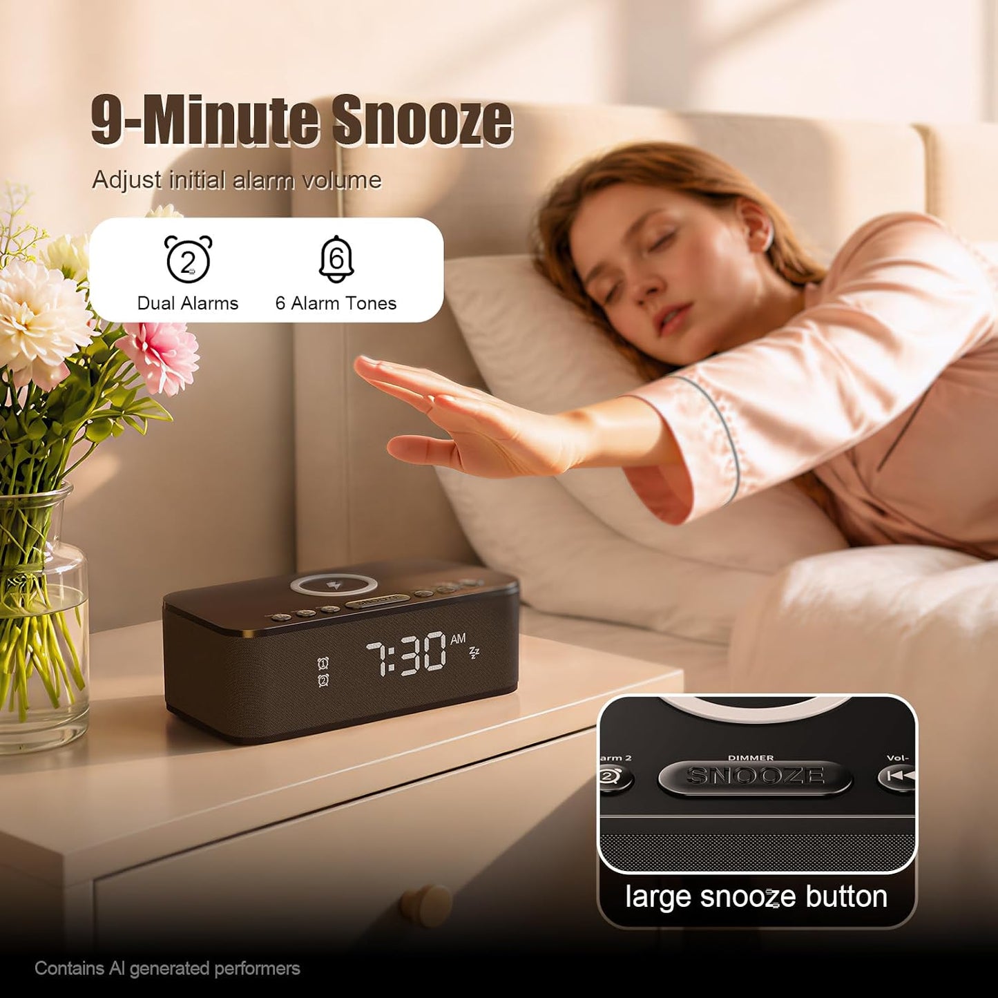 Alarm Clocks for Bedrooms, Wireless Charger, Bluetooth Speaker, White Noise Machine, Digital Clock with Dual Alarm, Dimmable Display, USB Charging Port, Black