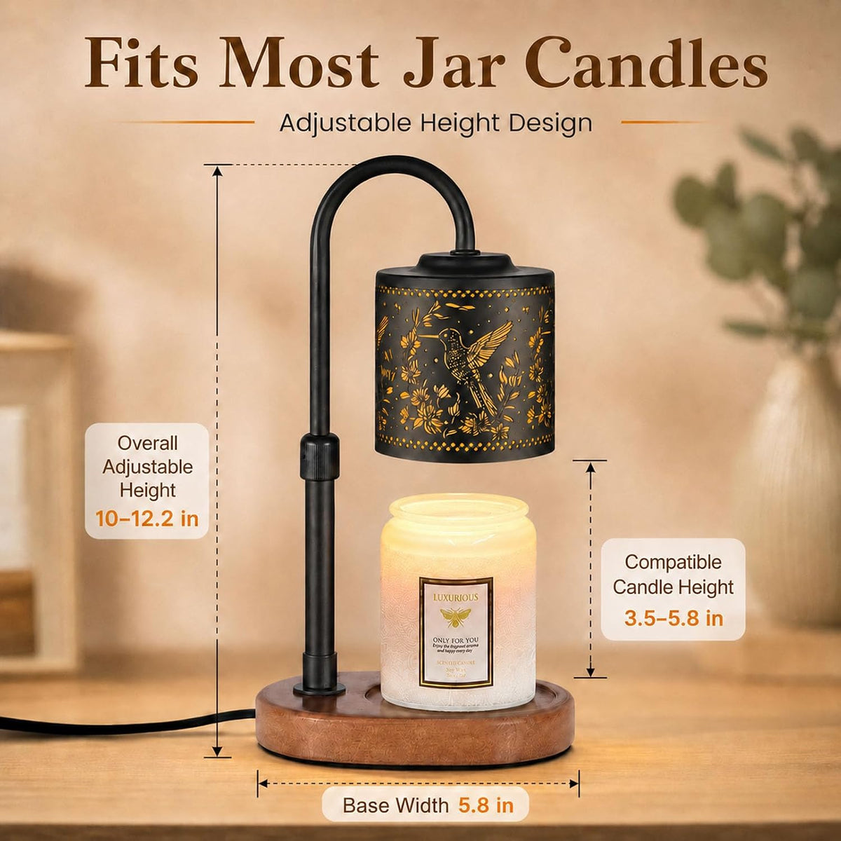 Dimmable Candle Warmer Lamp with Timer Adjustable Height for Scented Jar Candles Electric Candle Wax Melt Warmer for Home Decor Christmas Birthday Gifts for Women Mom(Hummingbird)