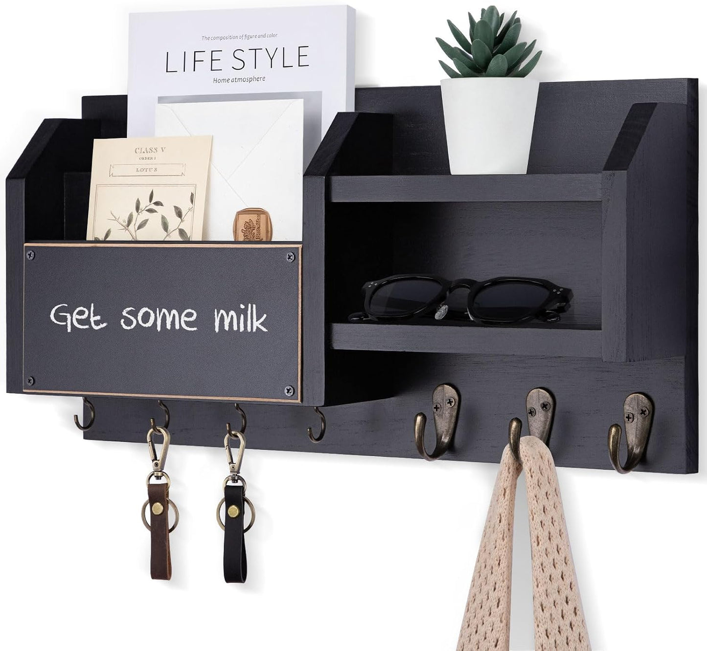 Lwenki Mail and Key Holder – Wall Mount Key Hanger with Shelf and 7 Metal Hooks – Decorative Natural Paulownia Wood Entryway Organizer with Mounting Hardware (16.5”W x 8.7”H x 3.5”D) (Brown)