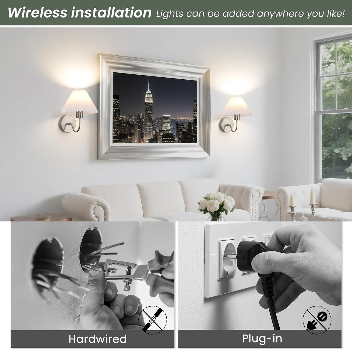 Rechargeable Battery Operated Wall Sconce Sets of 2, 15 Colors Wireless gooseneck Black Wall Lights Fixture with Dimmable Bulbs and Remote, Not Hardwired Wall Mounted Lamps for Bedroom Living Room