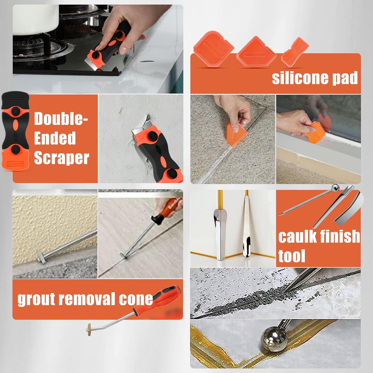 Matework Complete Caulking Tool Kit, 4 in 1 Stainless Steel Caulk Remover | Caulk Finishing Tool, Grout Removal, Scraper, Cut Resistant Gloves, for Bathroom Shower Kitchen Living Room, Home Repair