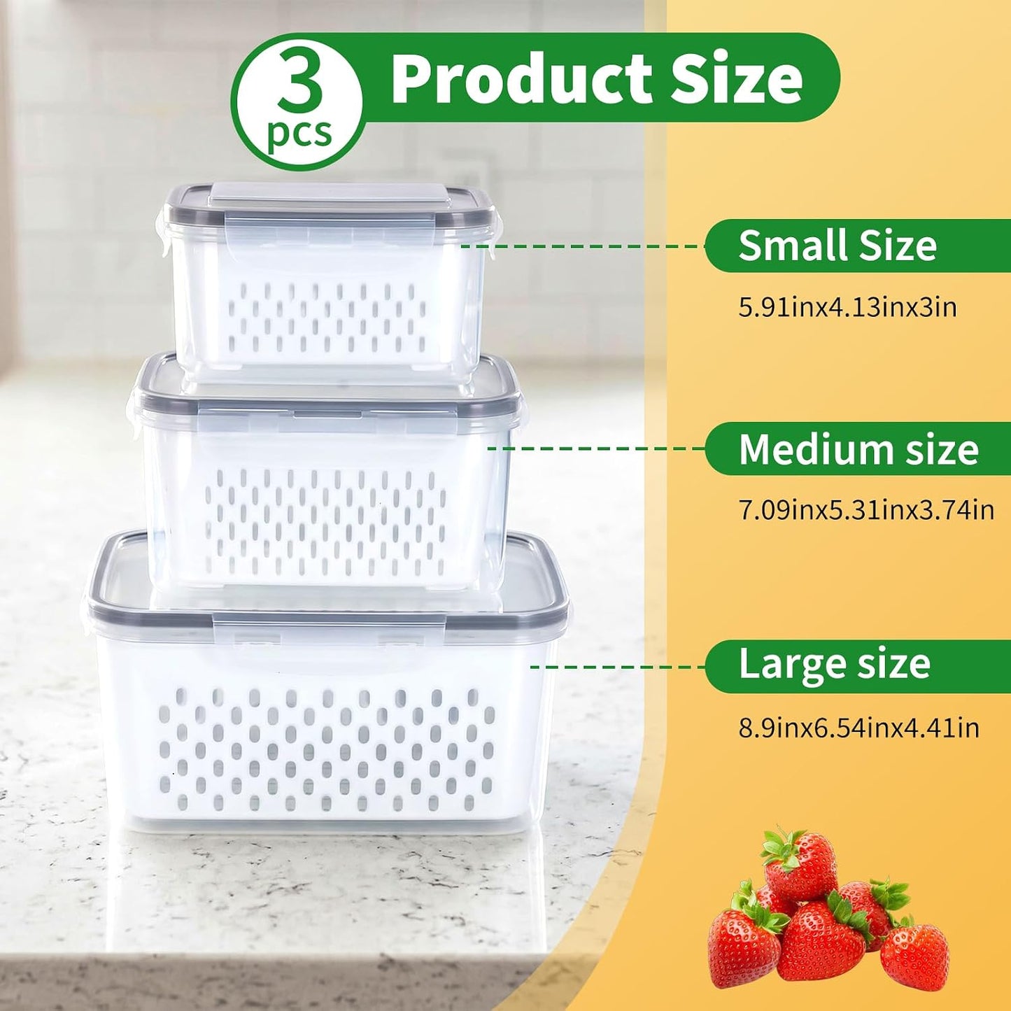 Fruit Storage Containers for Fridge with Removable Colander, 3-Pack Strawberry Containers for Fridge Containers with Lids, Organizers and Storage Keep Strawberries Fresh Twice as Long