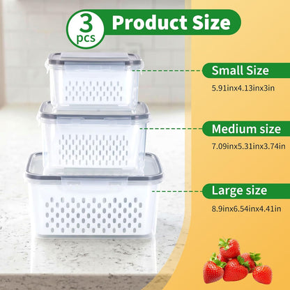 Fruit Storage Containers for Fridge with Removable Colander, 3-Pack Strawberry Containers for Fridge Containers with Lids, Organizers and Storage Keep Strawberries Fresh Twice as Long
