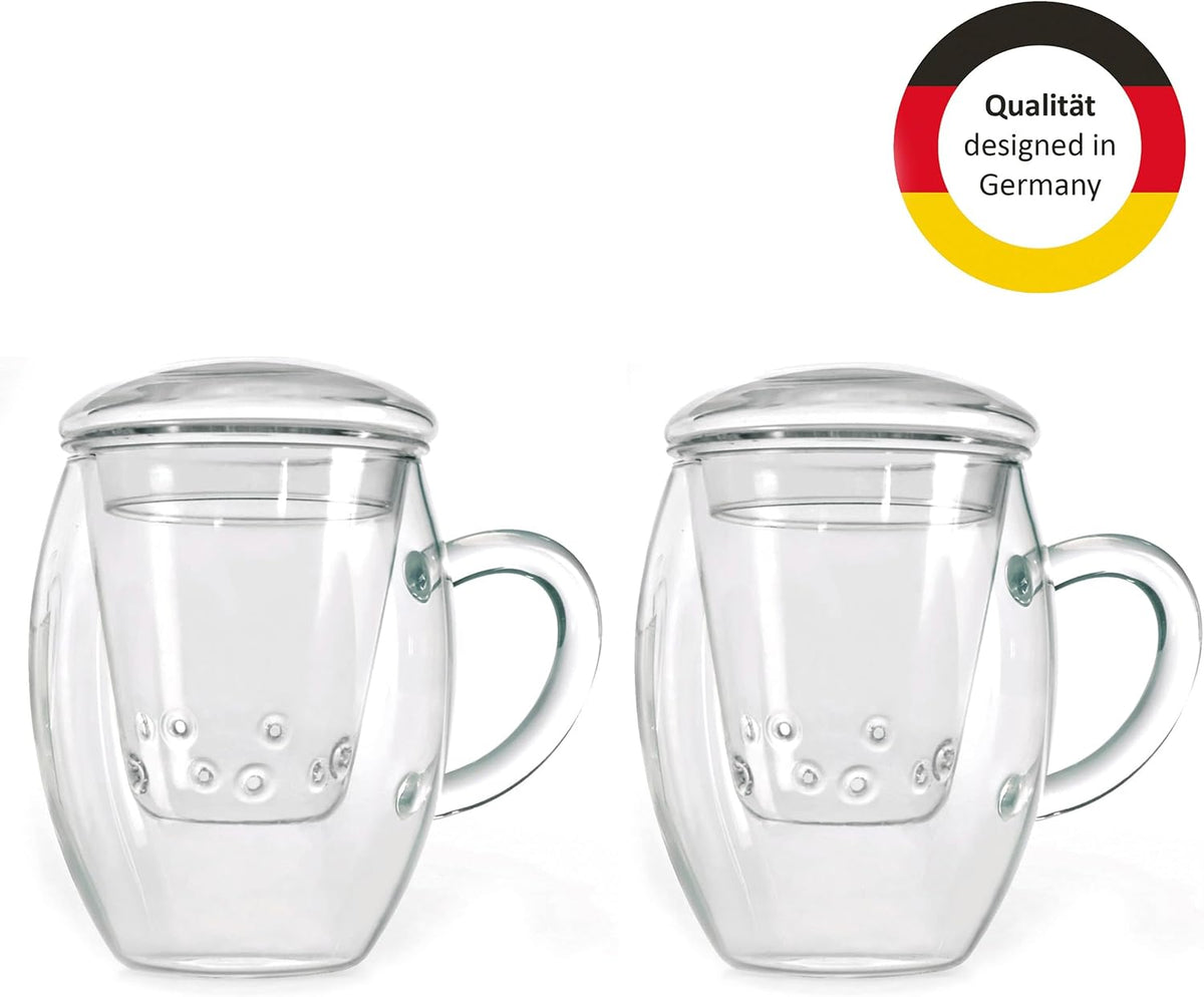Creano Tea Glass with Infuser and Lid 400ml - Large Tea Cup - Microwave & Dishwasher Safe - Loose Leaf Tea Maker Gift Set