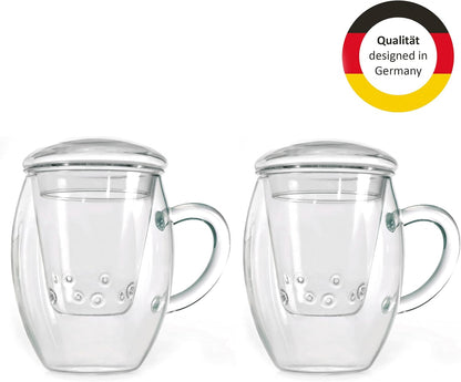 Creano Tea Glass with Infuser and Lid 400ml - Large Tea Cup - Microwave & Dishwasher Safe - Loose Leaf Tea Maker Gift Set